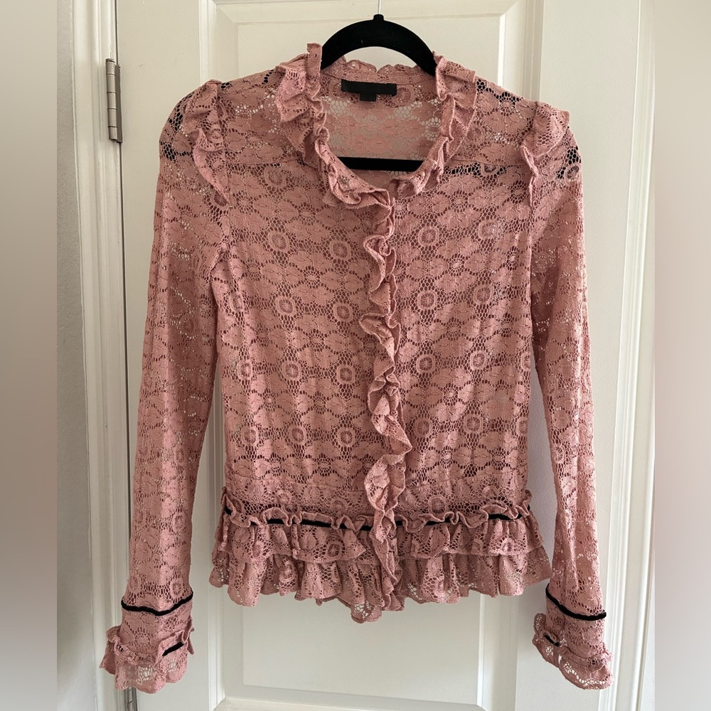 Jill Stuart Dusty Rose Lace Ruffle Top with Velvet trimmings